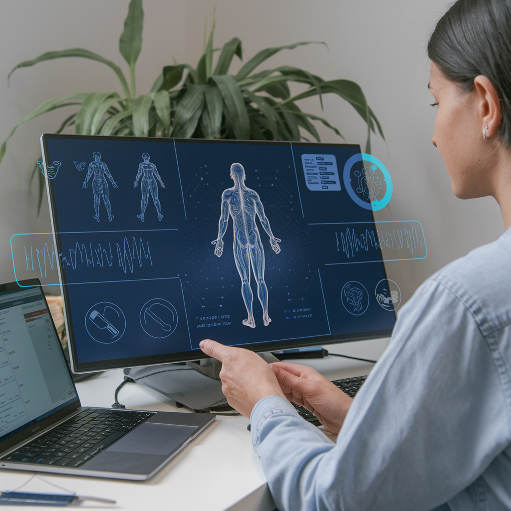 femme kinésithérapeute utilisant l'intelligence artificielle d'EMNIA pour analyser les mouvement de son patient sur un écran
