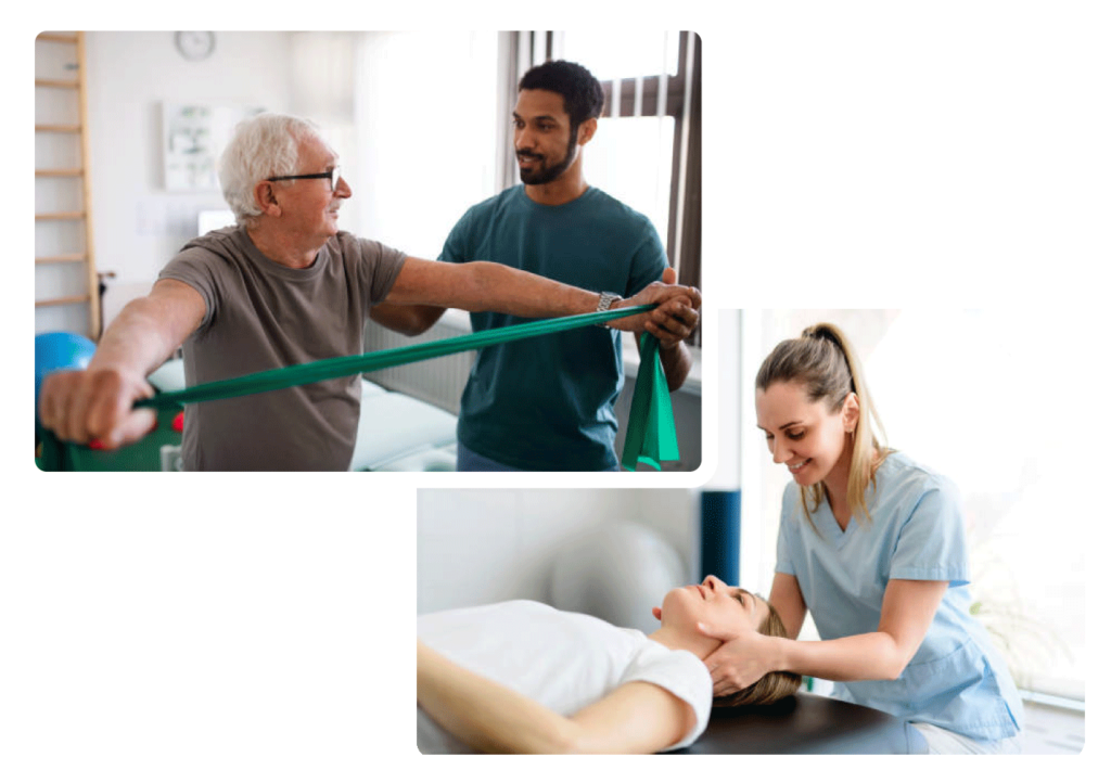 Kinésithérapeute aidant un patient senior à faire des exercices de rééducation avec un élastique de résistance, accompagné d'une autre scène où une thérapeute effectue des manipulations sur le cou d'une patiente. EMNIA propose des outils innovants pour améliorer la précision et l'efficacité des bilans en kinésithérapie